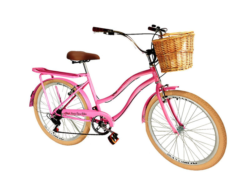 Bicicleta aro 26 retrô 6v cesta de vime bagageiro Preto bg Rosa