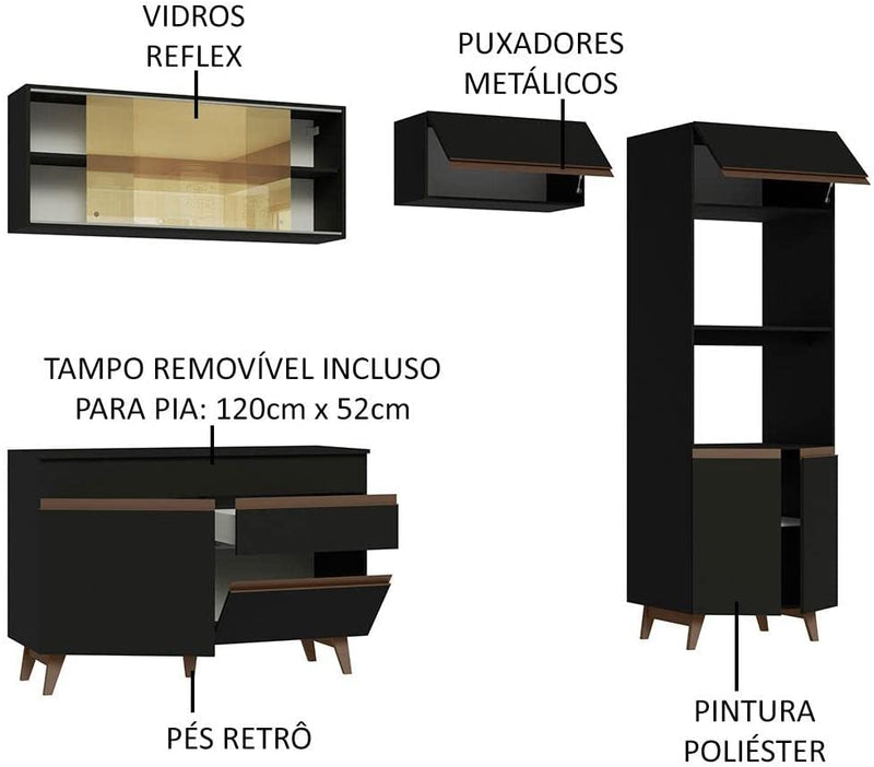 Cozinha Completa Madesa Reims Xc260001 com Armário, Balcão e Tampo - Preto