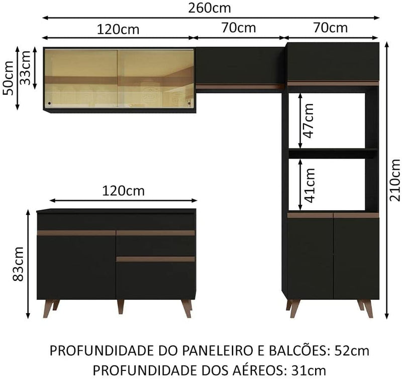 Cozinha Completa Madesa Reims Xc260001 com Armário, Balcão e Tampo - Preto