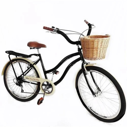 Bicicleta aro 26 retrô 6v cesta de vime bagageiro Preto bg