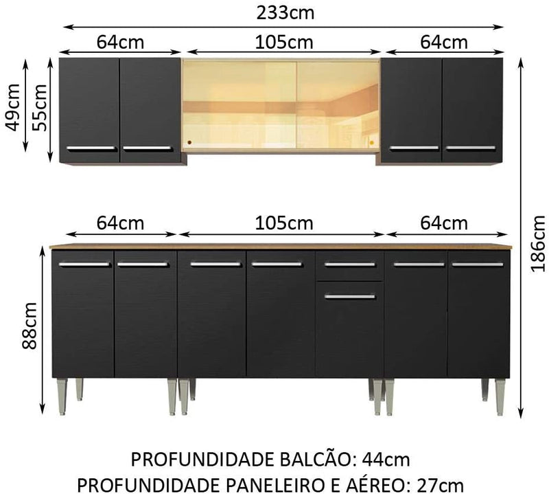 Cozinha Completa Madesa Emilly Fire com Balcão e Armário Aéreo Reflex - Rustic/preto
