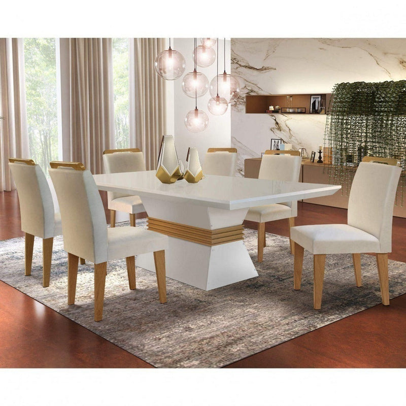 Conjunto Sala de Jantar Mesa 4 Cadeiras Luísa Siena Móveis Veludo Creme/Off White/Imbuia