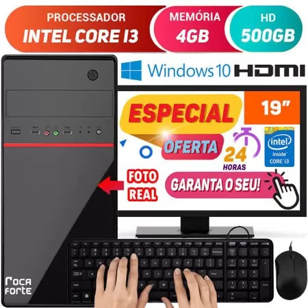 Computador Completo Pc Cpu Monitor 19” Intel Core i3 Hdmi 4GB HD 500GB Windows 10 Teclado e Mouse