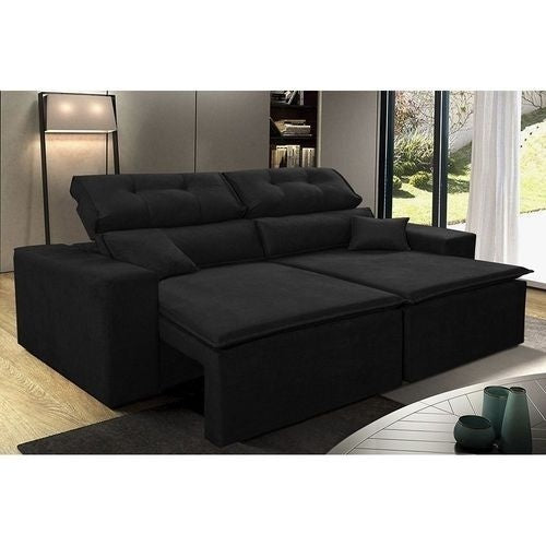 Sofá Retrátil, Reclinável Taurus 1,87 Mts Tecido Suede Velusoft Preto Cama InBox